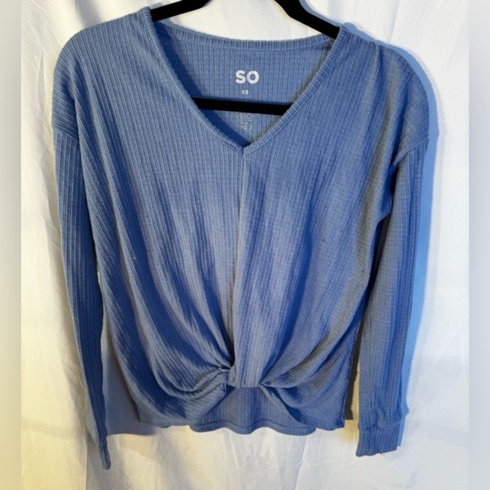 SO Blue Long Sleeve Ribbed Twist Front Blouse